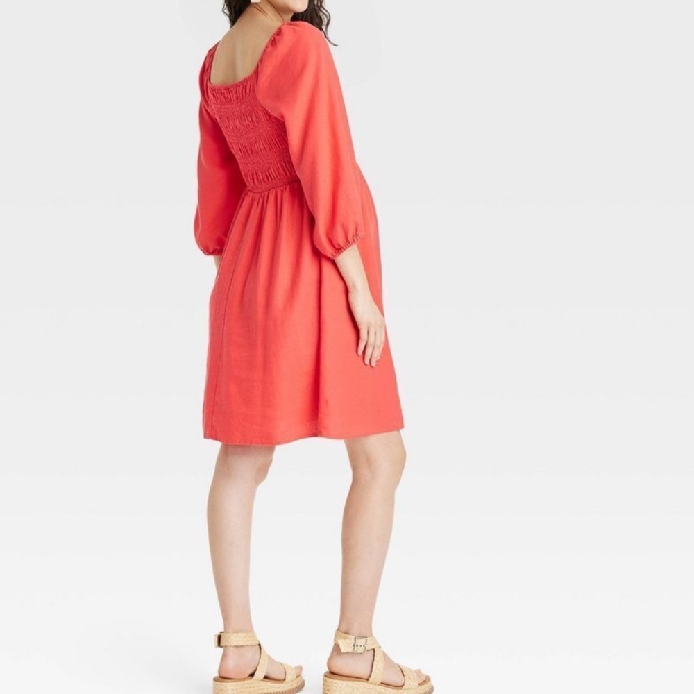 Isabel Maternity bright coral smocked bodice boho dress short sleeve linen dress